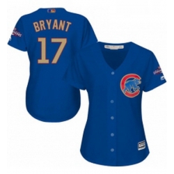 Womens Majestic Chicago Cubs 17 Kris Bryant Authentic Royal Blue 2017 Gold Champion MLB Jersey