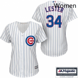 Womens Majestic Chicago Cubs 34 Jon Lester Replica WhiteBlue Strip Fashion MLB Jersey