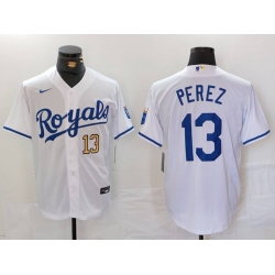 Men Kansas City Royals 13 Salvador Perez White Cool Base Stitched Jersey 2