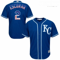 Mens Majestic Kansas City Royals 2 Alcides Escobar Replica Royal Blue USA Flag Fashion MLB Jersey