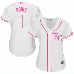 Womens Majestic Kansas City Royals 1 Ryan Goins Replica White Fashion Cool Base MLB Jersey 