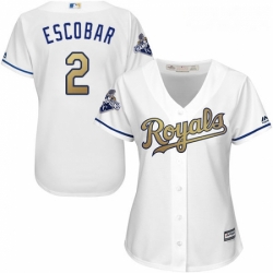 Womens Majestic Kansas City Royals 2 Alcides Escobar Authentic White 2015 World Series Champions Gold Program Cool Base MLB Jersey