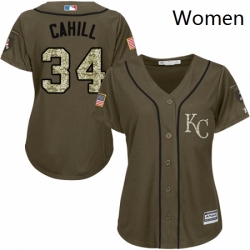 Womens Majestic Kansas City Royals 34 Trevor Cahill Replica Green Salute to Service MLB Jersey 