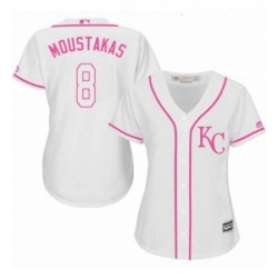 Womens Majestic Kansas City Royals 8 Mike Moustakas Authentic White Fashion Cool Base MLB Jersey