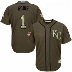 Youth Majestic Kansas City Royals 1 Ryan Goins Replica Green Salute to Service MLB Jersey 