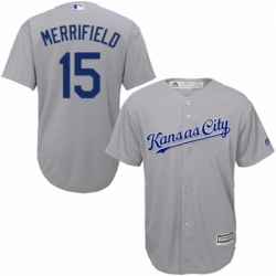 Youth Majestic Kansas City Royals 15 Whit Merrifield Replica Grey Road Cool Base MLB Jersey 