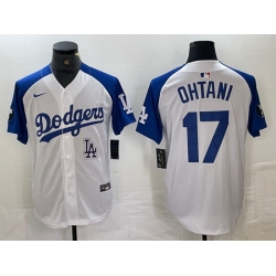 Men Los Angeles Dodgers 17 Shohei Ohtani White Blue Vin Patch Cool Base Stitched Baseball Jersey 9