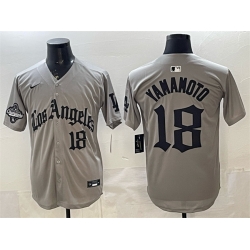 Men Los Angeles Dodgers 18 Yoshinobu Yamamoto Grey LA Gothic Style With 2025 World Series Champions Patch Limited Stitched Baseball Jersey