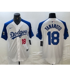 Men Los Angeles Dodgers 18 Yoshinobu Yamamoto White Blue Vin Patch Cool Base Stitched Baseball Jersey 6