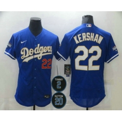 Men Los Angeles Dodgers 22 Clayton Kershaw Blue Gold 2 20 Patch Stitched MLB Flex Base Nike Jersey