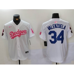 Men Los Angeles Dodgers 34 Fernando Valenzuela White Pink Vin  26 Kobe Patch Stitched Baseball Jersey 7