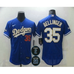 Men Los Angeles Dodgers 35 Cody Bellinger Blue Gold 2 20 Patch Stitched MLB Flex Base Nike Jersey