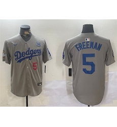 Men Los Angeles Dodgers 5 Freddie Freeman Grey 2024 World Series With No  34 Patch Limited Stitched Baseball Jersey