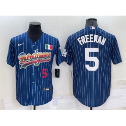 Men Los Angeles Dodgers 5 Freddie Freeman Navy Mexico Rainbow Cool Base Stitched Baseball Jersey