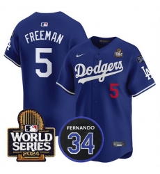 Men Los Angeles Dodgers 5 Freddie Freeman Royal 2024 World Series With Fernando Memorial Patch Limited Stitched Baseball Jersey