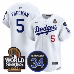 Men Los Angeles Dodgers 5 Freddie Freeman White 2024 World Series With Fernando Memorial Patch Limited Stitched Baseball Jersey