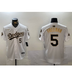 Men Los Angeles Dodgers 5 Freddie Freeman White Gold 2024 World Series Champions With Fernando Memorial Patch Limited Stitched Baseball Jersey