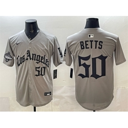 Men Los Angeles Dodgers 50 Mookie Betts Grey LA Gothic Style With 2025 World Series Champions Patch Limited Stitched Baseball Jersey