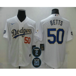 Men Los Angeles Dodgers 50 Mookie Betts Red Number White Gold 2 20 Patch Stitched MLB Cool Base Nike Jersey