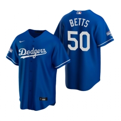 Men Los Angeles Dodgers 50 Mookie Betts Royal 2020 World Series Champions Replica Jersey