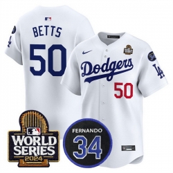 Men Los Angeles Dodgers 50 Mookie Betts White 2024 World Series With Fernando Memorial Patch Limited Stitched Baseball Jersey