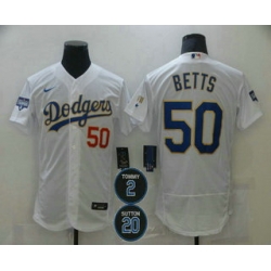 Men Los Angeles Dodgers 50 Mookie Betts White Gold 2 20 Patch Flex Base Sttiched MLB Jersey