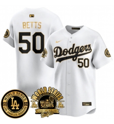 Men Los Angeles Dodgers 50 Mookie Betts White Gold 2024 World Series Patch Vapor Premier Limited Stitched Baseball Jersey