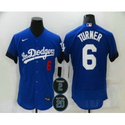 Men Los Angeles Dodgers 6 Trea Turner Blue 2 20 Patch City Connect Flex Base Stitched Jersey