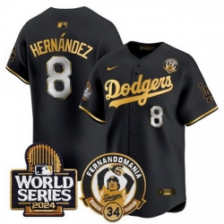 Men Los Angeles Dodgers  8 Enrique Hernandez Black Gold Fernando Valenzuela   2024 World Series Patch Limited Stitched Baseball Jersey
