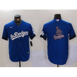 Men Los Angeles Dodgers Blue Team Big Logo City Connect Cool Base Stitched Baseball Jersey 1