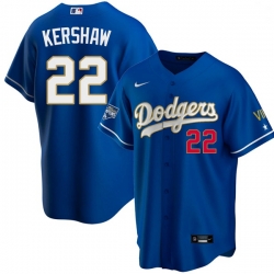 Men Los Angeles Dodgers Clayton Kershaw 22 Championship Gold Trim Blue Limited All Stitched Flex Base Jersey