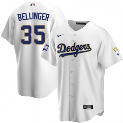 Men Los Angeles Dodgers Cody Bellinger 35 Championship Gold Trim White Limited All Stitched Cool Base Jersey