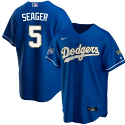 Men Los Angeles Dodgers Corey Seager 5 Championship Gold Trim Blue Limited All Stitched Cool Base Jersey