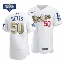 Men Los Angeles Dodgers Mookie Betts 50 Gold Program White Flex Base Stitched Jersey