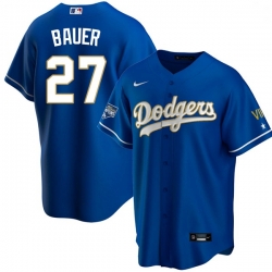 Men Los Angeles Dodgers Trevor Bauer 27 Championship Gold Trim Blue Limited All Stitched Cool Base Jersey