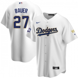 Men Los Angeles Dodgers Trevor Bauer 27 Championship Gold Trim White Limited All Stitched Cool Base Jersey