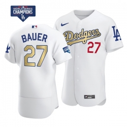 Men Los Angeles Dodgers Trevor Bauer 27 Gold Program White Flex Base Stitched Jersey