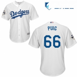 Mens Majestic Los Angeles Dodgers 66 Yasiel Puig Replica White Home 2017 World Series Bound Cool Base MLB Jersey