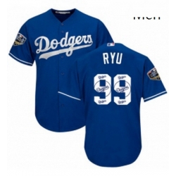 Mens Majestic Los Angeles Dodgers 99 Hyun Jin Ryu Authentic Royal Blue Team Logo Fashion Cool Base 2018 World Series MLB Jersey