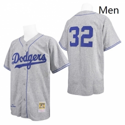 Mens Mitchell and Ness Los Angeles Dodgers 32 Sandy Koufax Authentic Grey Throwback MLB Jersey