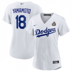 Women Los Angeles Dodgers 18 Yoshinobu Yamamoto White 2024 World Series Cool Base Stitched Baseball Jersey