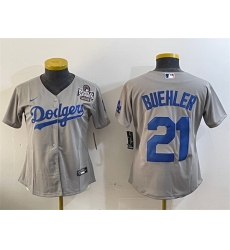 Women Los Angeles Dodgers 21 Walker Buehler Grey 2024 World Series Cool Base Stitched Baseball Jersey 