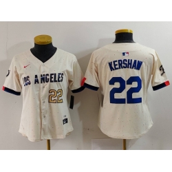 Women Los Angeles Dodgers 22 Clayton Kershaw Cream Stitched Jersey 7