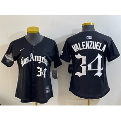 Women Los Angeles Dodgers 34 Fernando Valenzuela Black 2025 World Series Champions LA Gothic Edition Limited Stitched Baseball Jersey 