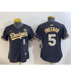 Women Los Angeles Dodgers 5 Freddie Freeman Black 1 Gold 2024 World Series With Fernando Memorial Patch Limited Stitched Baseball Jersey 