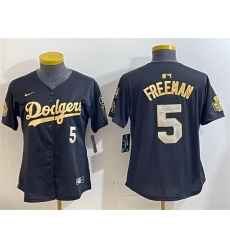 Women Los Angeles Dodgers 5 Freddie Freeman Black Gold 2024 World Series With Fernando Memorial Patch Limited Stitched Baseball Jersey 