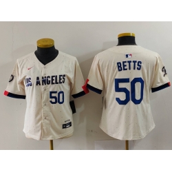 Women Los Angeles Dodgers 50 Mookie Betts Cream Stitched Jersey 1