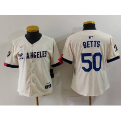 Women Los Angeles Dodgers 50 Mookie Betts Cream Stitched Jersey 6