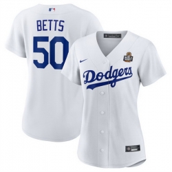 Women Los Angeles Dodgers 50 Mookie Betts White 2024 World Series Cool Base Stitched Baseball Jersey