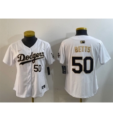 Women Los Angeles Dodgers 50 Mookie Betts White Gold Home Limited Stitched Baseball Jersey 